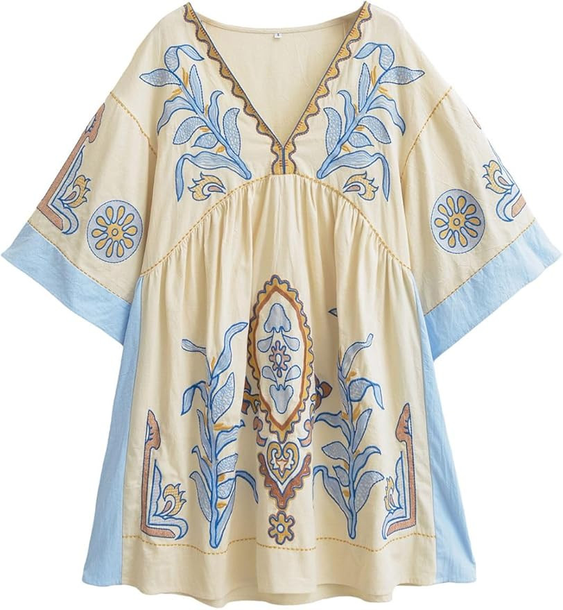 Womens Embroidered Dress with V-Neck and 3/4 Sleeves Loose Fit Vintage Embroidery Babydoll Dress | Amazon (US)