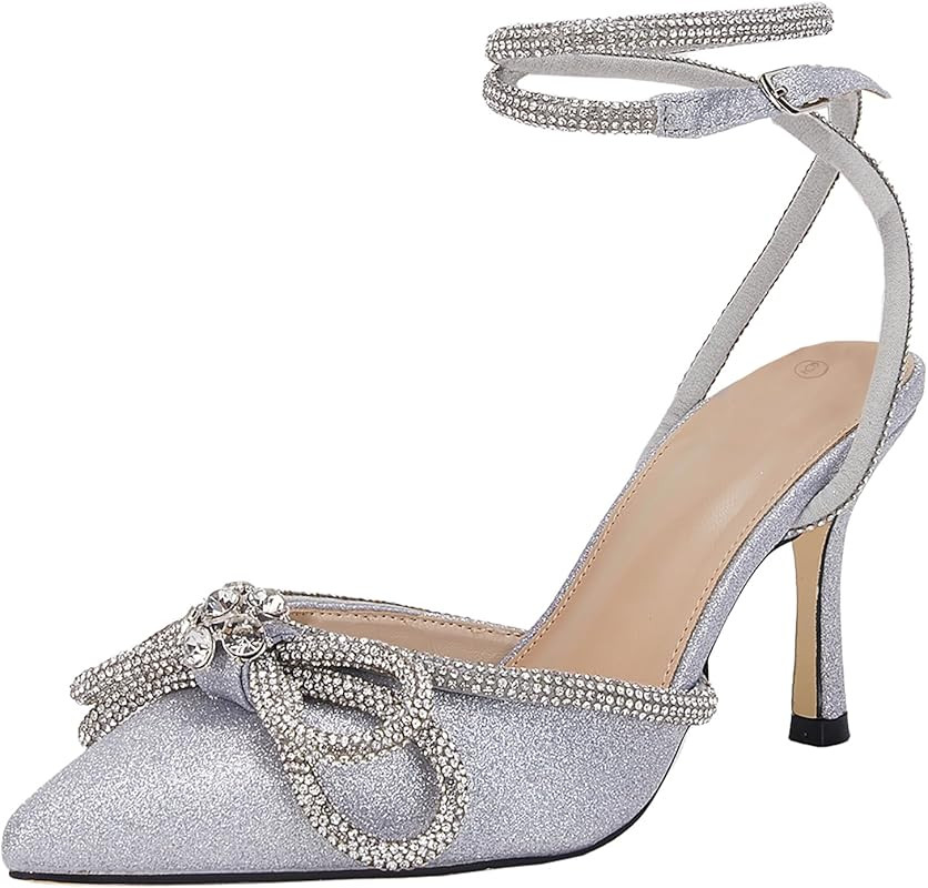 VETASTE Women's Double Bow Pointed Toe Ankle Strap Crystal Pumps Wedding Bridal Party Stilettos Back | Amazon (US)