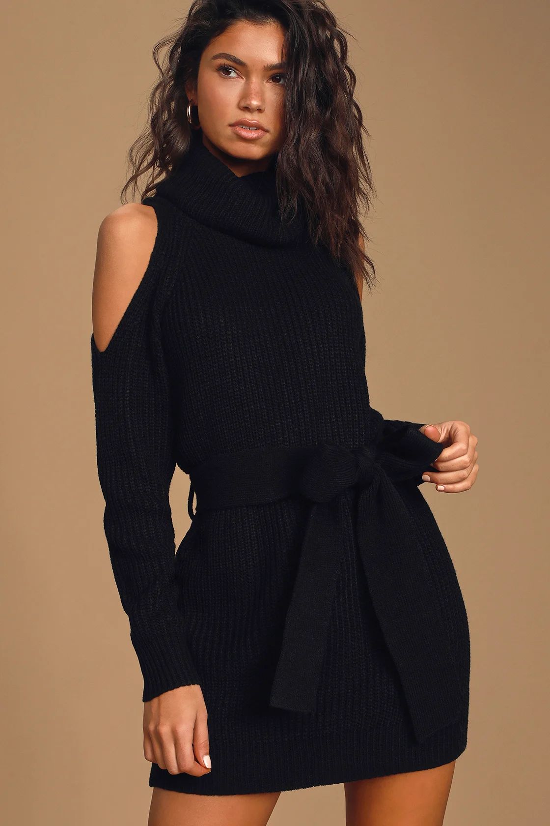 Sweet Demeanor Black Turtleneck Cold-Shoulder Sweater Dress | Lulus (US)