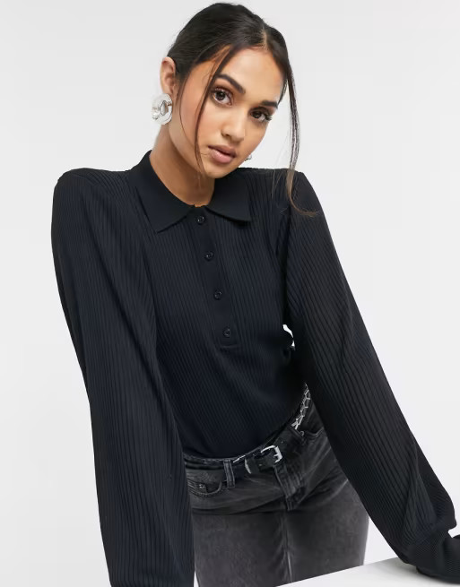 ASOS DESIGN sweater with collar and button placket detail in navy | ASOS (Global)