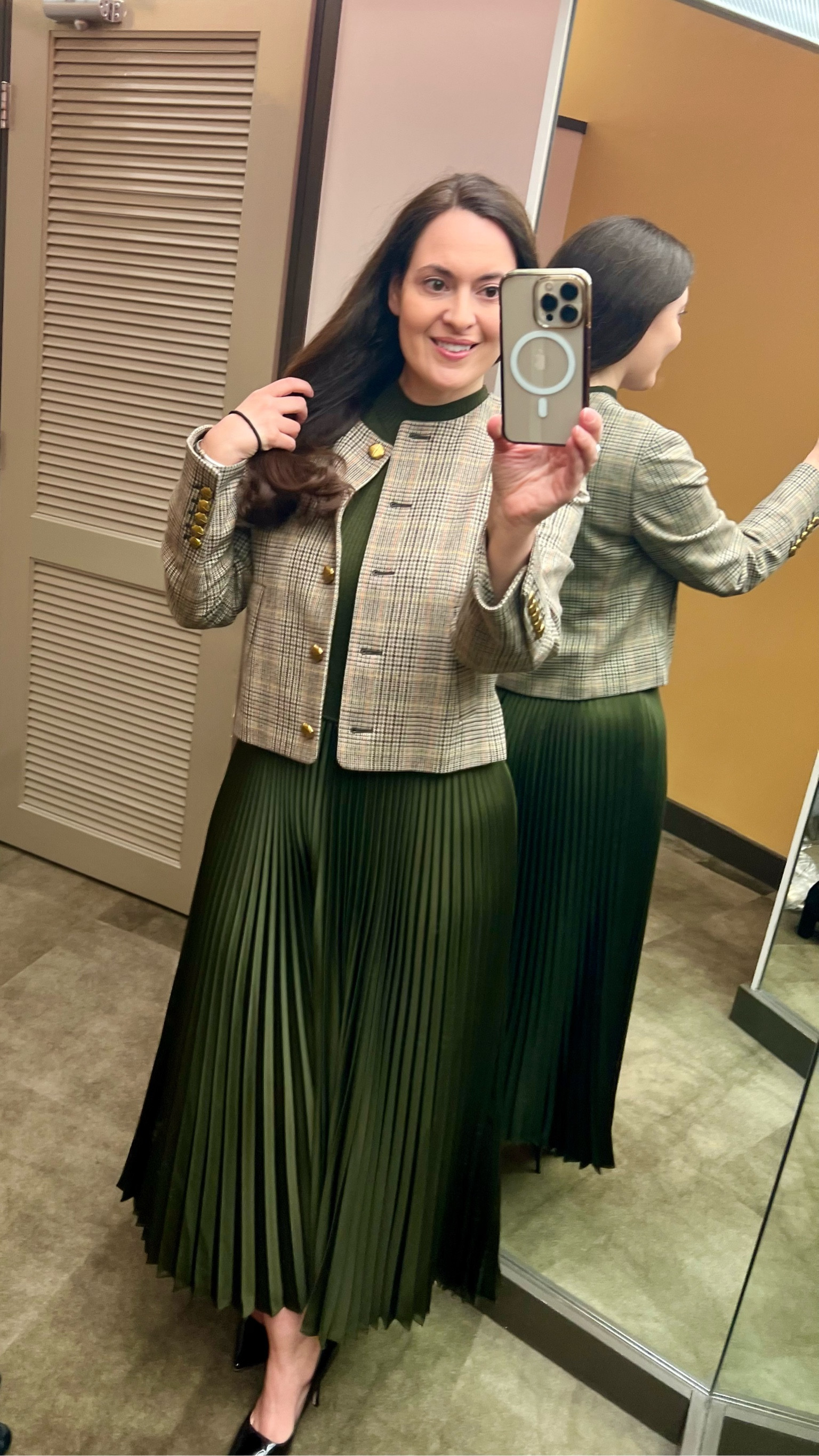 Beautiful olive green mock neck dress - runs  a little big. Blazer is by Veronica Beard. It runs true to size and gold buttons are very pretty. Perfect Fall outfit for a daytime or professional event. 

#LTKOver40 #LTKStyleTip