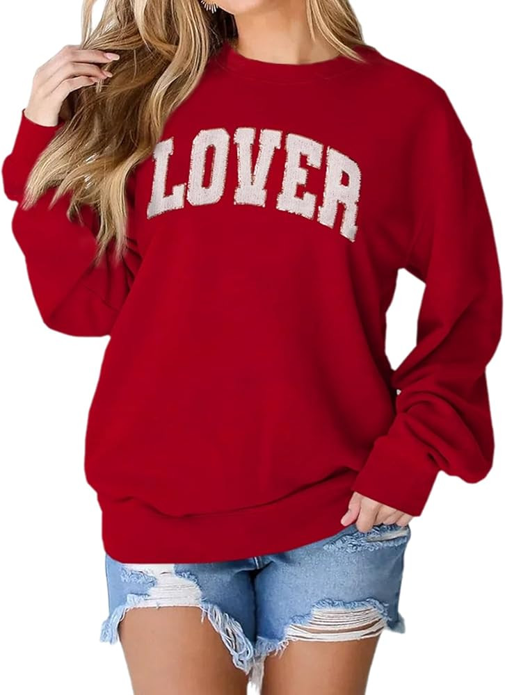 IZYJOY Women Valentine Sweatshirt Glitter LOVER Letter Chenille Patch Shirt Crewneck Long Sleeve ... | Amazon (US)