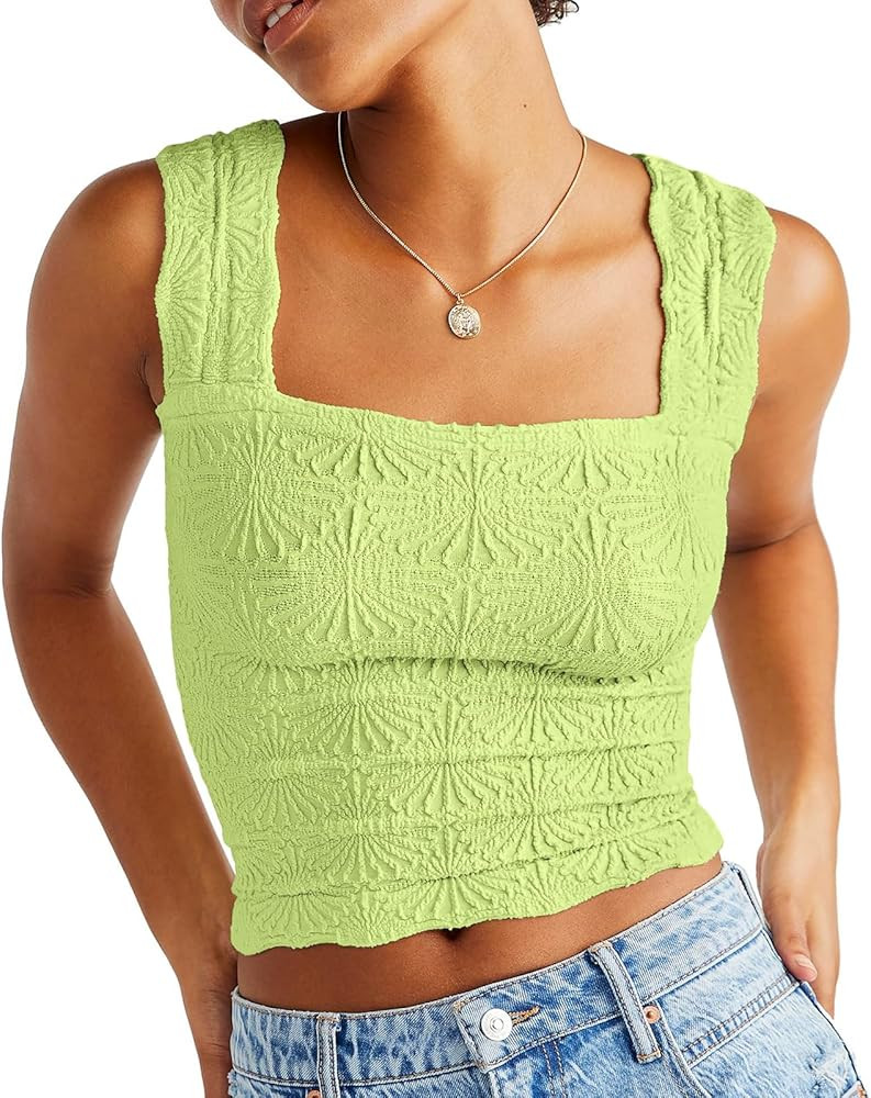 DouBCQ Women Cute Crop Tank Top Square Neck Wide Strap Vest Slim Fit Floral Lettuce Trim Cropped ... | Amazon (US)