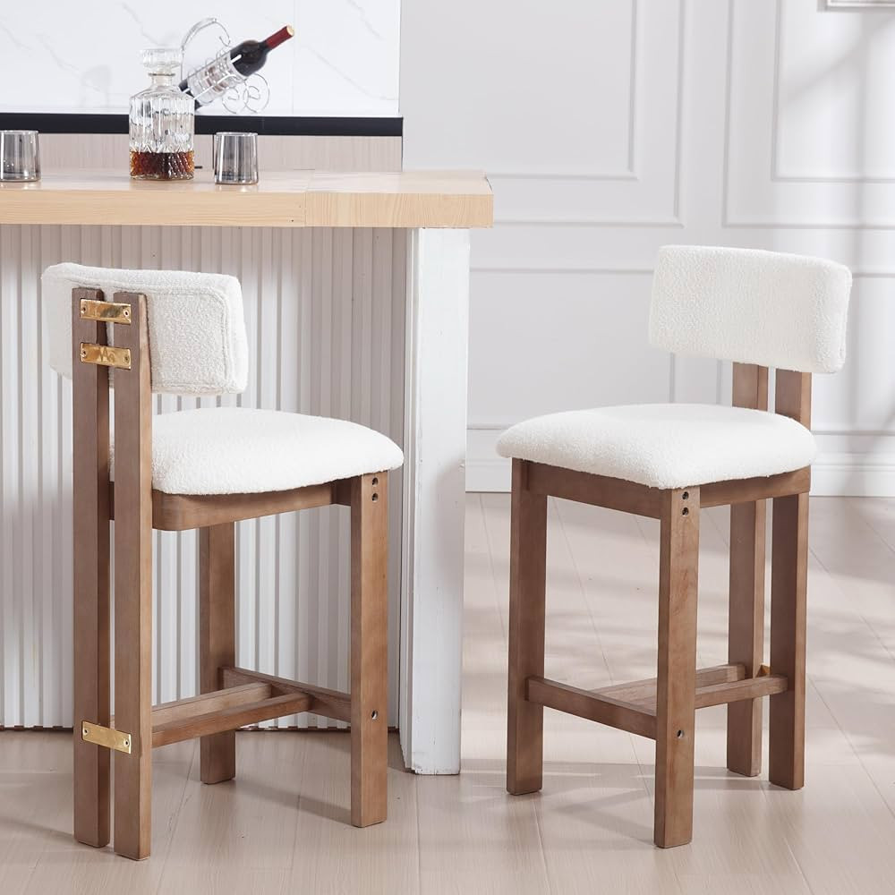 26 inch Farmhouse Bar Stools Set of 2 Sherpa Upholstered Kitchen Stool Wood Legs Boho Pub Stool w... | Amazon (US)