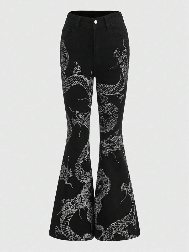 ROMWE Grunge Punk Chinese Dragon Print Flare Leg Jeans | SHEIN