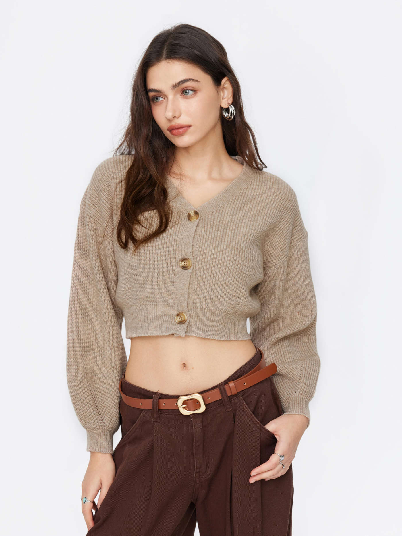Basic & Thermal Knit Fabric Knit V-neck Solid Button Crop Cardigan For Daily Casual | Cider