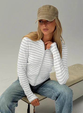 Superstars Zip Through Hoodie Grey / Cream Stripe | Princess Polly US