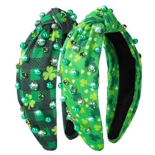 2 Pack St. Patrick's Day Headband for Women Clover Print Pearl Rhinestone Crystal Jeweled Embellished Ladies Wide Top Knot Green Grid Makeup Hair Hoop Accessory Holiday Party Costume Decor Prezzie | Amazon (US)