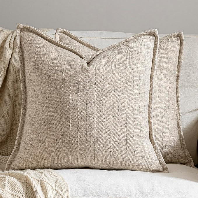 20x20 Linen Pillow Covers Natural Beige Pack of 2 Farmhouse Boho Neutral Accents Striped Textured... | Amazon (US)