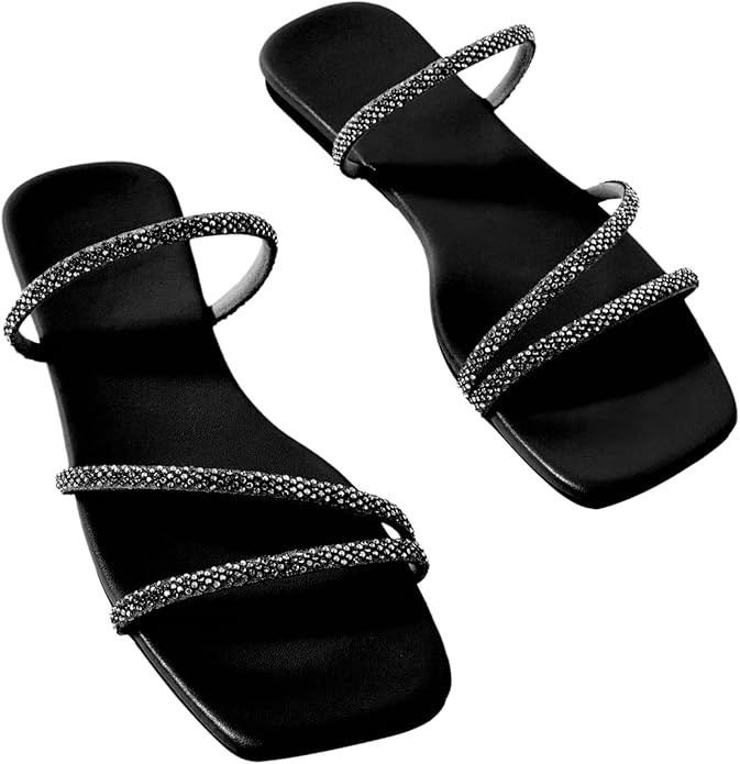 GORGLITTER Women's Rhinestone Wedding Flat Sandals Sparkly Prom Strappy Glitter Slip on Open Toe ... | Amazon (US)