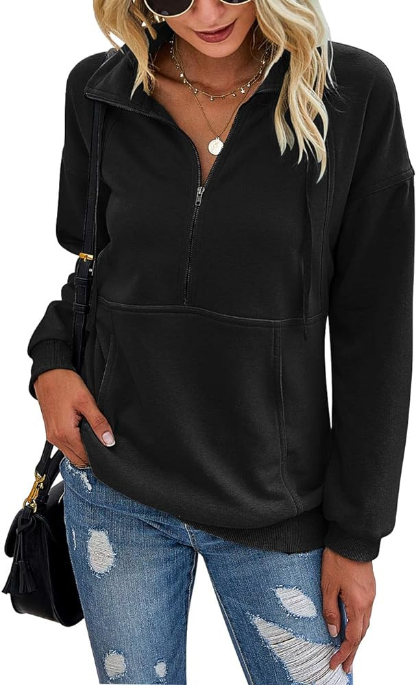 PRETTYGARDEN Women's Casual Long Sleeve Lapel Zipper Sweatshirt Drawstring Loose Pullover Tops | Amazon (US)