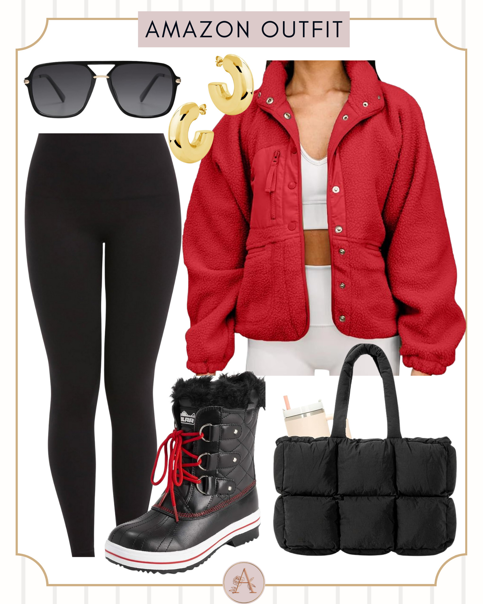 Sporty winter Amazon outfit featuring a red fleece jacket, black leggings, snow boots & everyday tote — perfect for cold mornings, walks, or travel days. 

 #LTKootd #LTKSeasonal #LTKFindsUnder50