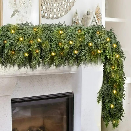 9FT Thick Christmas Garland with 240 Cedar Branches, Real Touch Green Cedar Garland for Christmas Decorations, Artificial Greenery Garland for Table, Mantle, Wall, Indoor, Outdoor Holiday Decor | Walmart (US)