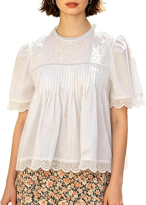 Women's Vintage Hand Crochet Lace Blouses Floral Embroidery Pleated Swing Tops Puff Short Sleeve ... | Amazon (US)