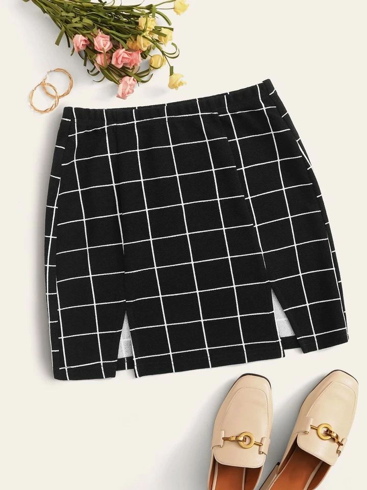 SHEIN Privé Grid M-Slit Mini Bodycon Skirt | SHEIN