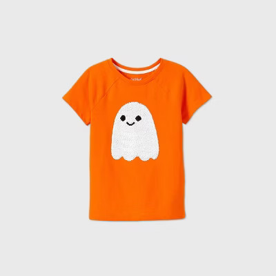 Girls' Short Sleeve Flip Sequin Ghost T-Shirt - Cat & Jack™ Orange | Target