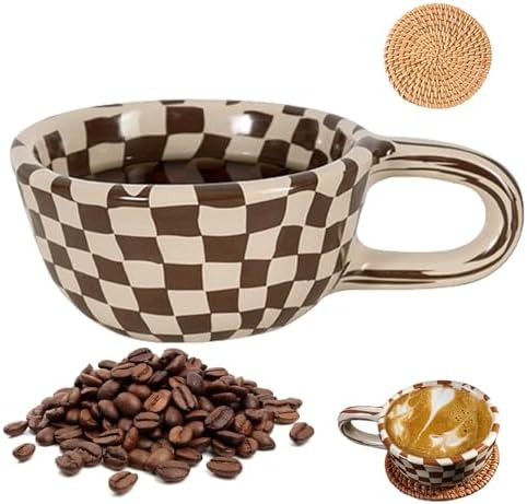 Brown Checkered Coffee Mug, Novelty Black and White Plaid Cup With Saucer for Office and Home, Te... | Amazon (US)
