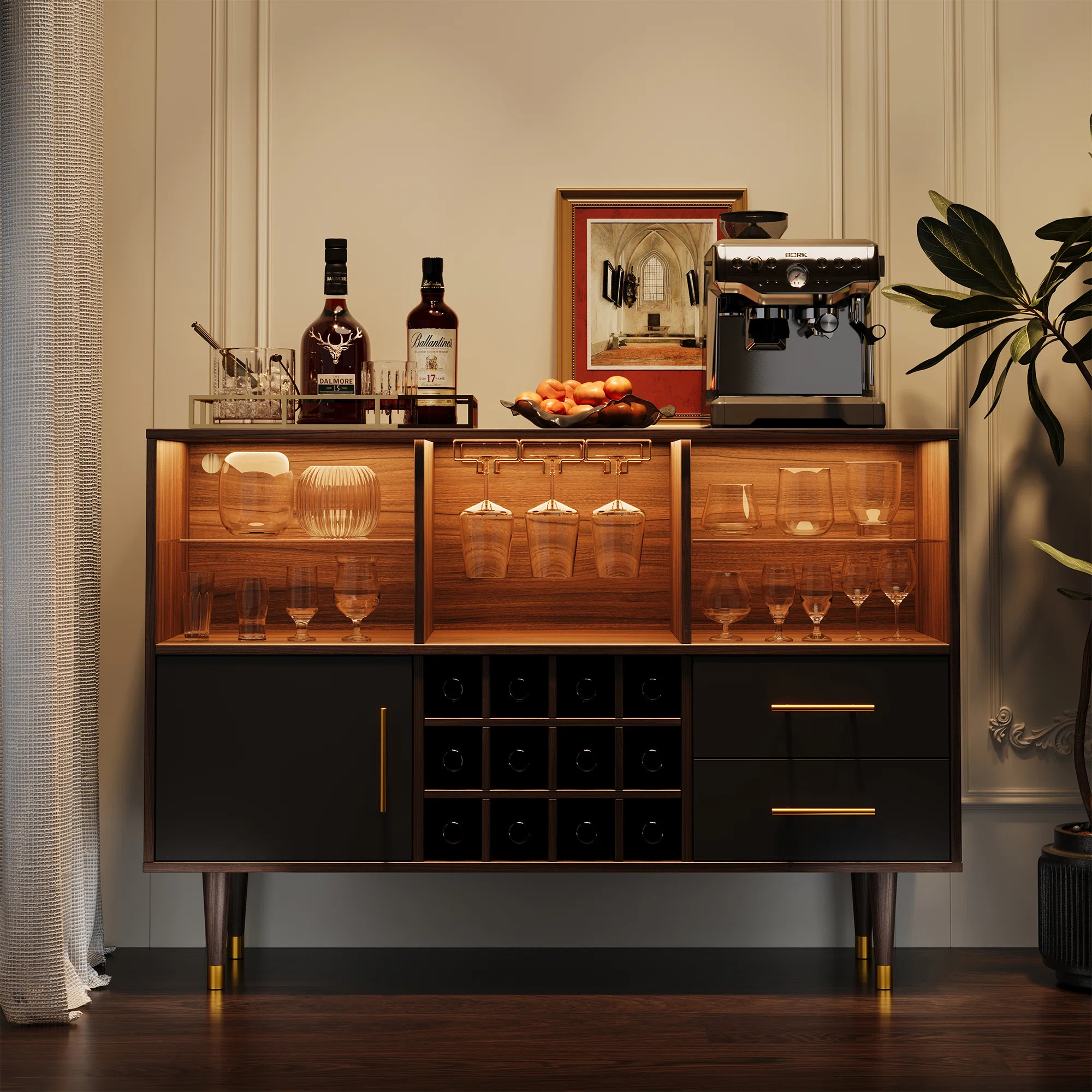 Bar Cabinet 47 inch Home Bar with Adjustable LED Light and Charging Station | Wayfair North America