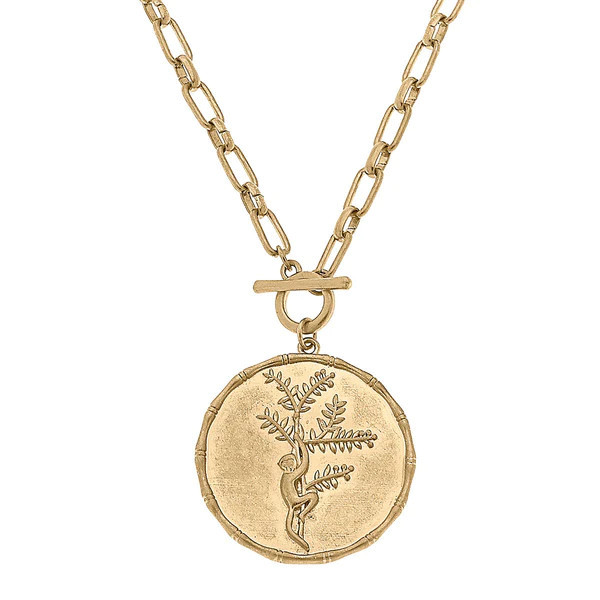 Dawn Monkey Pendant T-Bar Necklace in Worn Gold | CANVAS