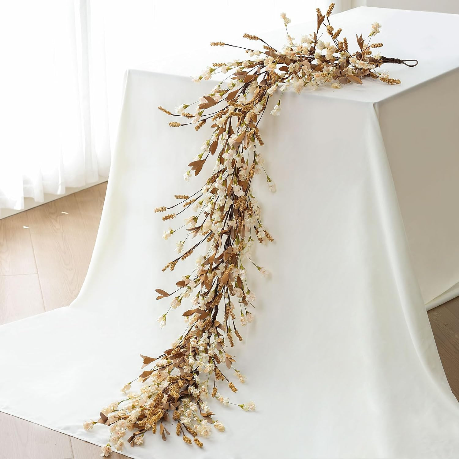 Mizii Fall Garland Artificial Flower Garlands 6 Feet Fake Wildflower Floral Garland Hanging Vines Flowers Decorations for Mantle Table Centerpieces Room Wall Fireplace Wedding Fall Decor (Beige) | Amazon (US)