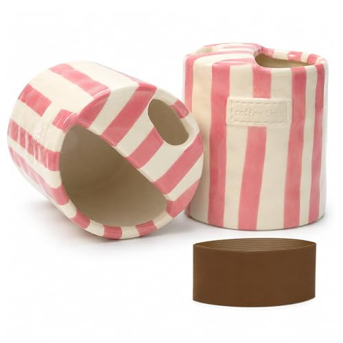 KOIMYSA Ceramic Coffee Mug with Sip Hole, 12oz Striped Ceramic To Go Coffee Cup, Cute Aesthetic Mug for Espresso Latte Cappuccino, Handmade Glazed Cup for Home Office Gift Use, Pink | Amazon (US)