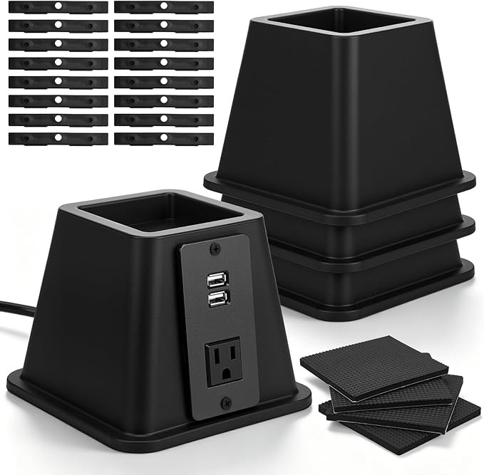 4 Pack 4.9 Inches Heavy Duty Bed Risers with Power Outlet and USB - Adjustable Plastic Bed Frame ... | Amazon (US)