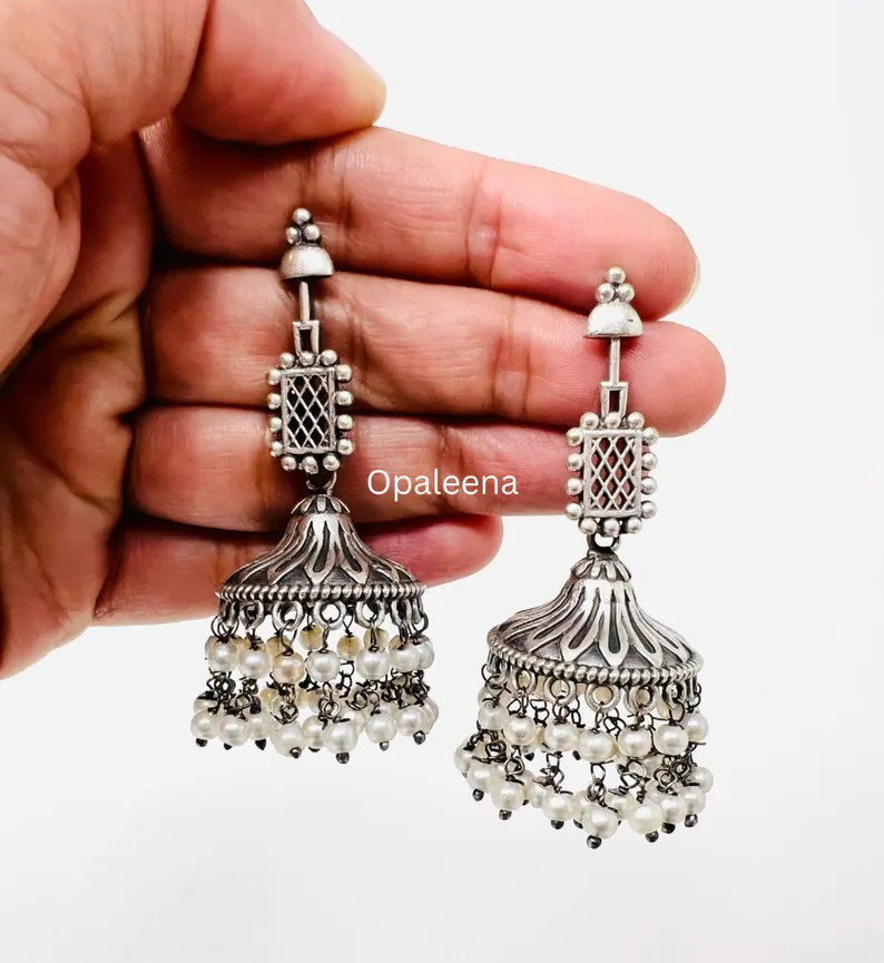 Silver Pearl Drop Ethnic Jhumka Earrings | Indian Wedding Jewelry - Etsy UK | Etsy (Global)