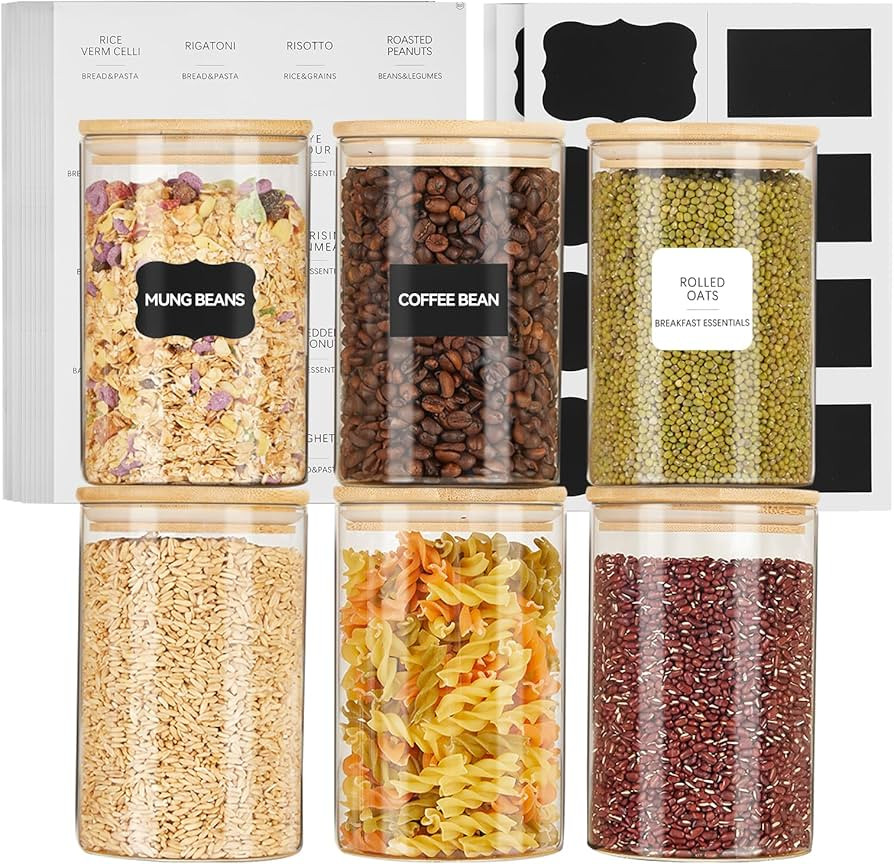 37oz Glass Storage Containers with Label Pack, Set of 6 Glass Jars with Airtight Bamboo Lids, Cle... | Amazon (US)