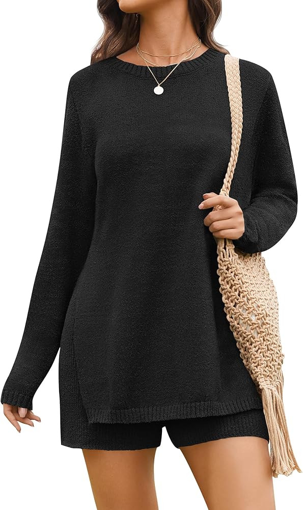 NENONA Women's Spring Summer 2 Piece Outfits Long Sleeve Casual Tunic Sweater & Shorts Knit Beach... | Amazon (US)