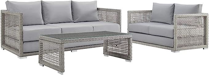 Modway EEI-3598-GRY-GRY-SET Aura Outdoor Patio Wicker Rattan, Sofa, Loveseat and Coffee Table, Gr... | Amazon (US)