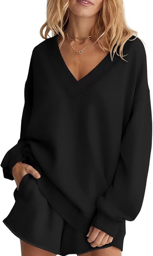 Womens Oversized V Neck Sweatshirts Casual Fleece Long Sleeve Pullover Fall Loose Fit Sweater Top... | Amazon (US)