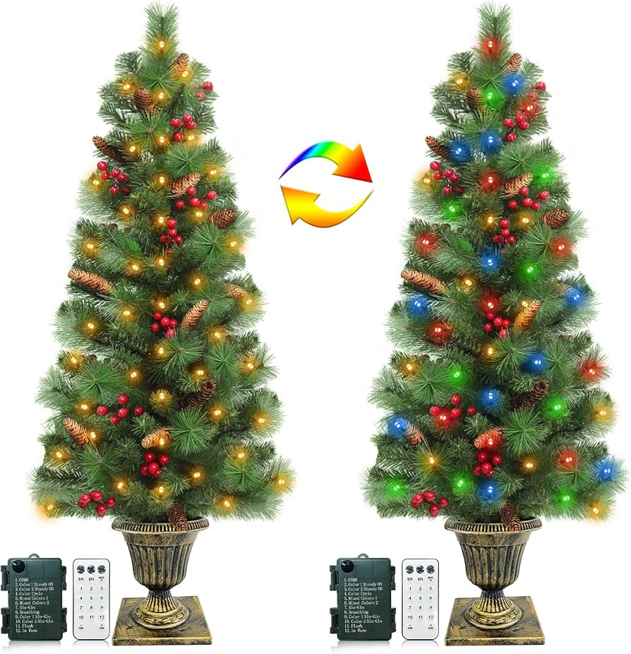 2Pack 4Ft Outdoor Potted Christmas Tree with Dual Color Change Remote Timer 145 Realistic-Feel Mi... | Amazon (US)