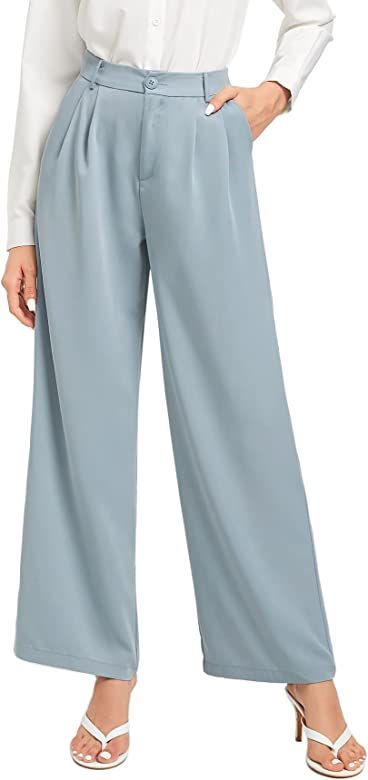 SweatyRocks Women's Casual Wide Leg High Waisted Button Down Straight Long Trousers Pants | Amazon (US)