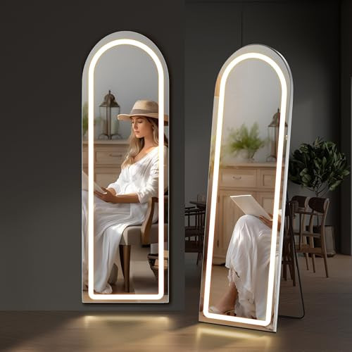 Arched Mirror Full Length with LED Lights, 16"x60" Body Wall Mirrors, Floor Standing Hanging Leaning, Tall Arch Mirror with Stand Aluminum Alloy Frame, Dimmable 3-Color Lighting for Bedroom Cloakroom | Amazon (US)