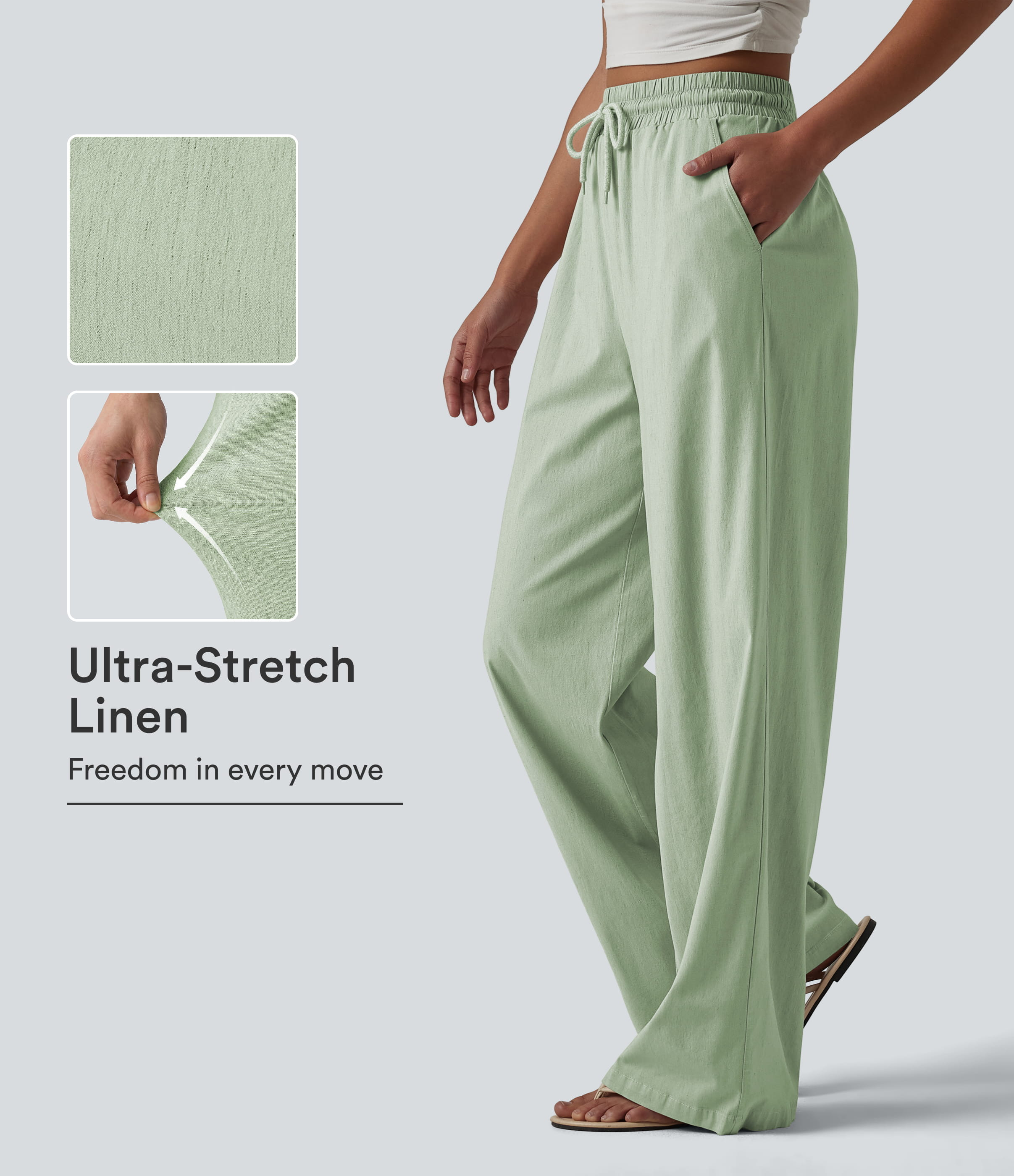 High Waisted Drawstring Wide Leg Baggy Casual Stretch Linen Pants with Pockets | HALARA