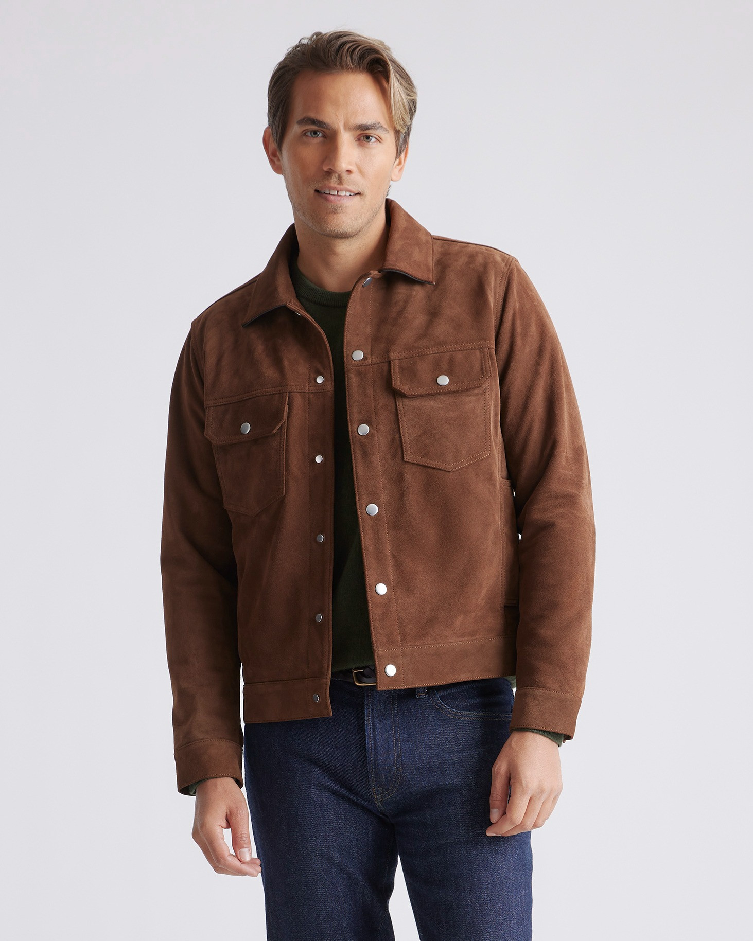 Quince | Men's Italian Suede Trucker Jacket in Dark Chestnut, Size Small, Suede Leather | Quince