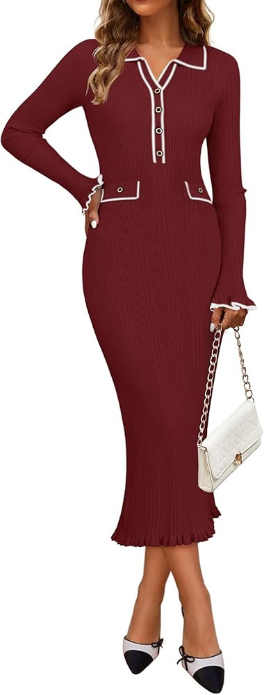 ZESICA Women's Fall Winter Sweater Dress 2024 Formal Business Long Sleeve Button Ribbed Trendy Kn... | Amazon (US)