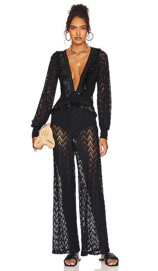 x Alessandra Ambrosio Fringe Trim Cutout Jumpsuit in Black | Revolve Clothing (Global)