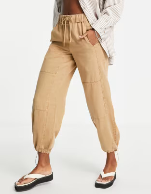 Topshop highwaisted soft cotton drawstring cuffed trouser in tan | ASOS (Global)