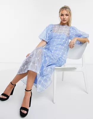 ASOS DESIGN embroidered organza midi smock dress in blue | ASOS (Global)