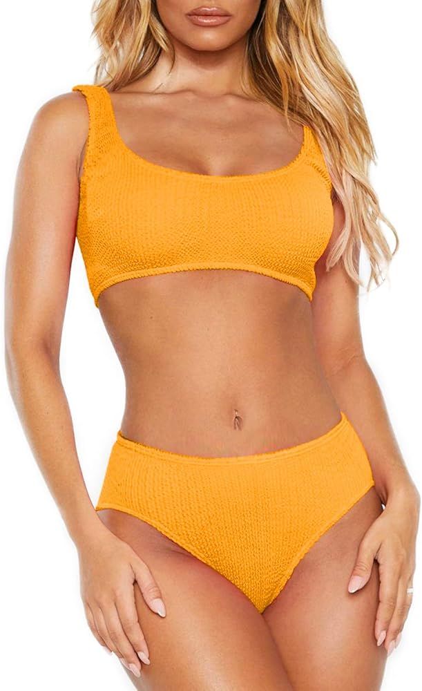 Womens Swimsuits Two Piece Sports Bathing Suits Crop Tops Ribbed Bikini Sets Swimwear Bottoms | Amazon (US)