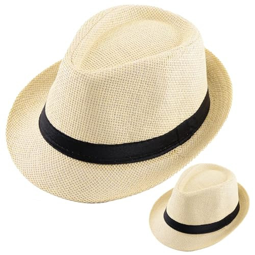2 Pack Straw Fedora Hats for Men and Women, Short Brim Summer Beach hat, Trilby Panama Sun Hats. (US, Alpha, Medium, Large, Beige/Beige(Size: M-L)) | Amazon (US)