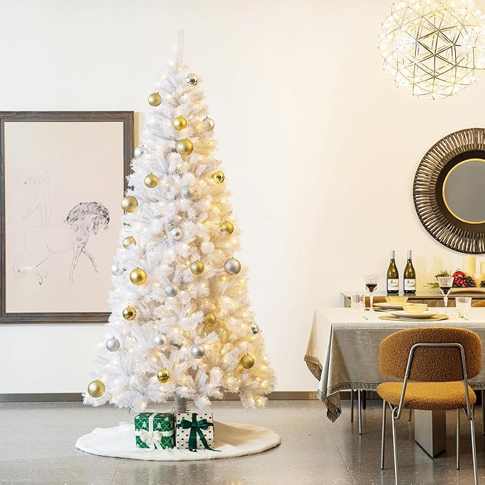 Glitzhome 8ft Pre-Lit Slim Artificial Christmas Tree, Aspen Frostfall Pine Hinged Holiday Xmas Tr... | Amazon (US)