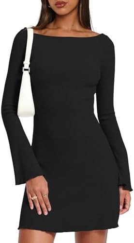 Darong Women's Boat Neck Bodycon Mini Dress Bell Long Sleeve A-Line Ribbed Knit Outfits | Amazon (US)