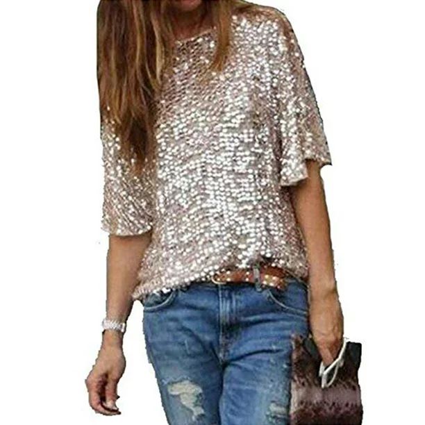 Multitrust Women Sequins Short Sleeve Shirt Tops Casual Loose Blouses T-Shirts - Walmart.com | Walmart (US)