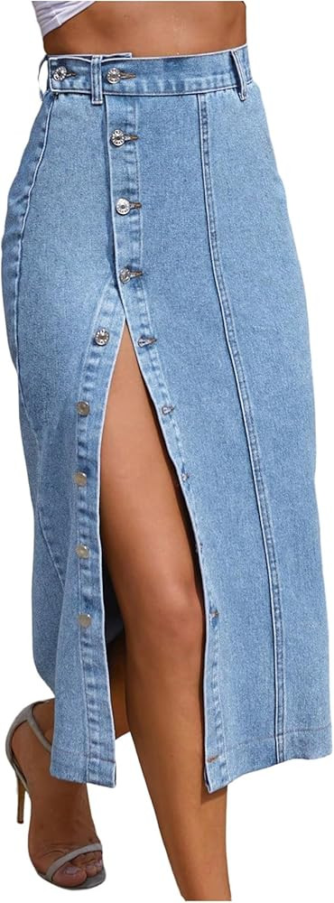 WDIRARA Women's Asymmetrical Denim Midi Skirt Button Down High Waisted Jean Skirt | Amazon (US)