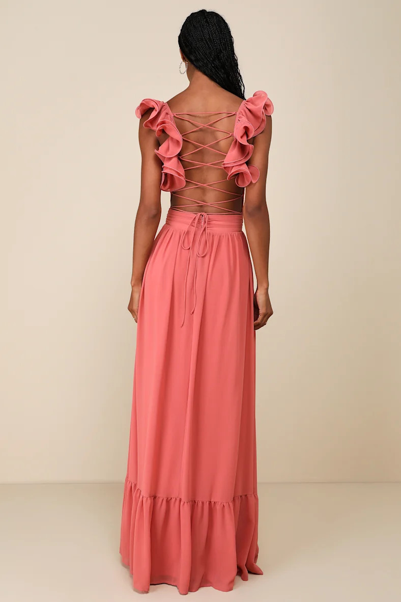Soiree Celebration Rusty Rose Ruffled Lace-Up Maxi Dress | Lulus