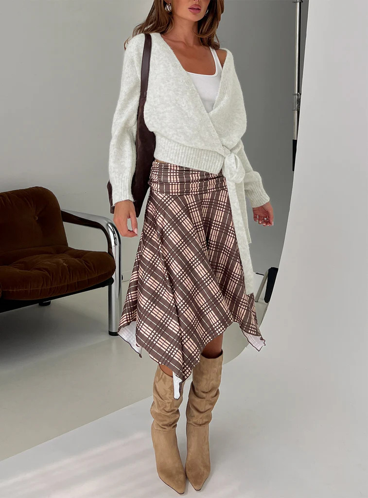 Scholar Asymmetrical Midi Skirt Brown Check | Princess Polly US