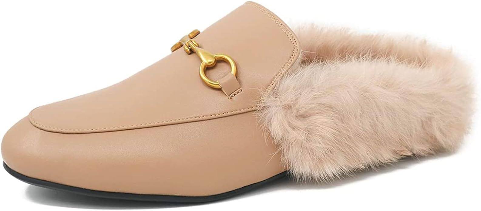 Fur Mules for Women Leather Low Heel Loafers Pointed Toe Backless Slides Rabbit Fur Mule Flats Sh... | Amazon (US)