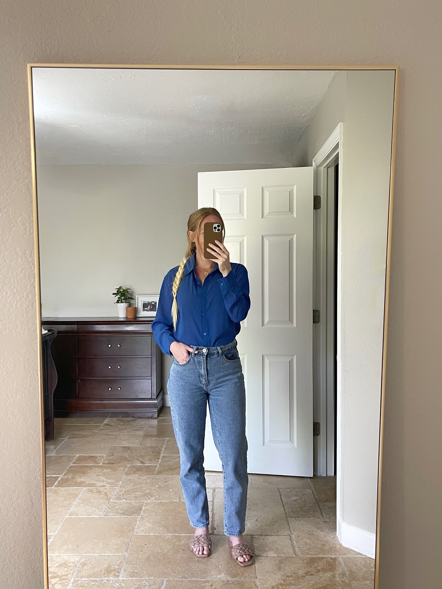 Casual outfit, royal blue button up. Straight leg jeans, tan woven sandals, gold jewelry 

#LTKFindsUnder50 #LTKStyleTip #LTKFindsUnder100